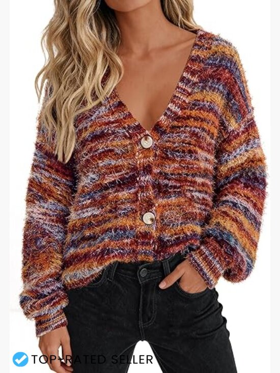 Sweaters - Striped V-Neck Cardigan Fuzzy Knit Oversized Chic Fall Winter Outerwear
